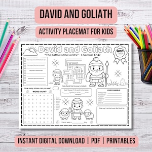 Mantel individual con actividades de David y Goliat para niños cristianos, hoja de trabajo imprimible con la historia bíblica de David, juegos para colorear y educación en casa para la escuela dominical (PDF)