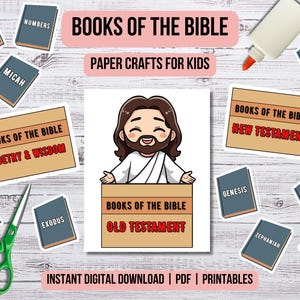 May include: A collection of Bible-themed paper craft printables for kids. The image features a cartoon illustration of Jesus, surrounded by book-shaped stickers with titles like "Genesis" and "Exodus," and the text "Books of the Bible."