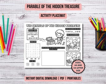 Parable of the Hidden Treasure Activity Placemat Christian Kids Coloring Page Parables of Jesus Bible Study Church Kids Ministry Lesson Idea