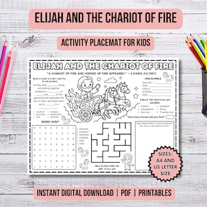 Elijah and The Chariot of Fire Activity Placemat Christian Kids Bible Study Prophet Elijah Bible Story Printable Coloring Page Kids Ministry