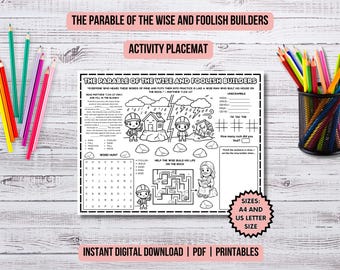 Wise and Foolish Builders Bible Lesson Printable Coloring Page Kids Ministry Parables of Jesus Activity Placemat Christian Kids Bible Study