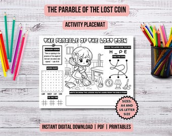 The Parable of the Lost Coin Bible Lesson Kids Ministry Parables of Jesus Activity Placemat Christian Kids Activity Printable Coloring Page