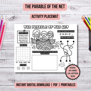 May include: A black and white activity placemat titled "The Parable of the Net" with illustrations of people in a boat fishing. Includes a memory verse, word hunt, tic-tac-toe, and space to write. Colored pencils and a pencil holder are visible.
