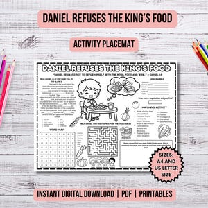 Daniel Refuses the King's Food Activity Placemat Christian Kids Bible Story Daniel Printable Coloring Page Sunday School Bible Lesson Ideas