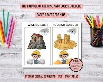 Parable of the Wise and Foolish Builders Craft Kids Church Bible Coloring Page Parables of Jesus VBS Kids Craft New Testament Bible Lessons