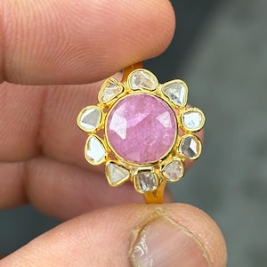 手作りのルビーポルキダイヤモンドステートメントリング、14Kゴールドヴェルメイユスターリングシルバー