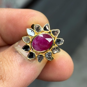 Rubinsvart Polki diamantring, 14K guld vermeil, oslipad ädelsten i statement-stil