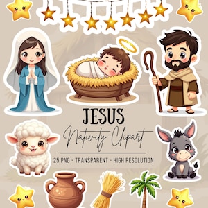 May include: A collection of cartoon-style Christmas-themed clipart. The image includes illustrations of Mary, baby Jesus in a manger, Joseph, a lamb, a donkey, stars, and the text "JESUS Nativity Clipart".