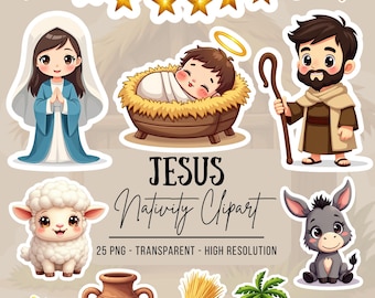 Nativity Clipart Set – Cute Christmas Jesus, Mary, Joseph, Animals – 25 PNG Transparent