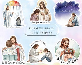 Watercolor Jesus Mental Health Stickers: Christian Affirmations PNG Bundle (Digital Download