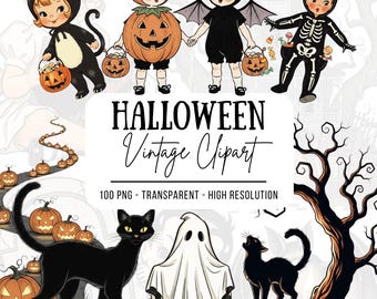 May include: A vintage Halloween clipart image featuring children in costumes, including a cat, pumpkin, bat, and skeleton. The image also includes black cats, pumpkins, a ghost, and the text "HALLOWEEN Vintage Clipart".