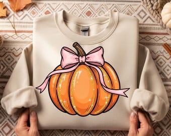 Coquette Pumpkin Sublimation Design: Pink Bow Glitter PNG