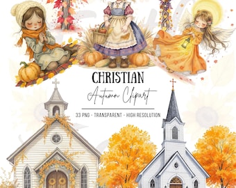 Christian Autumn Clipart – Fall Church, Bible, Cross & Angel PNG Set