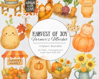 Pacchetto clipart del mercato agricolo - Set di PNG di verdure e zucca del raccolto autunnale