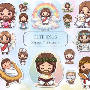 May include: A collection of cute cartoon Jesus stickers in various poses, including holding a heart, standing on clouds, and with a lamb. The stickers are in a variety of colors and styles, with the text "CUTE JESUS 50 png - Transparent".