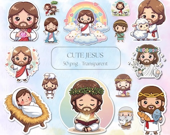 Kawaii Jesus Stickers Bundle: Pastel Chibi Christian Icons (PNG Digital Download)