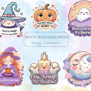 Halloween Mental Health Clipart: Kawaii Chibi PNG Stickers (Digital Download)
