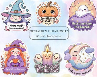 Halloween Mental Health Clipart: Kawaii Chibi PNG Stickers (Digital Download)