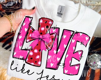 Love Like Jesus PNG, Valentines Day, Christian PNG, Pink Leopard Heart Cross Clipart for Sublimation