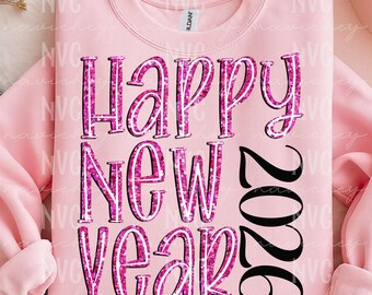 Pink Glitter Happy New Year 2026 PNG – Retro Text Sublimation Design