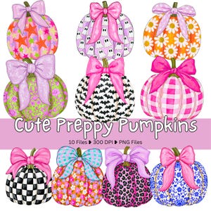 May include: A collection of ten decorative pumpkins featuring various patterns including stars, ghosts, daisies, bats, gingham, checkerboard, floral, leopard print, and blue floral designs, each topped with a large, colorful fabric bow.