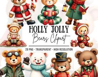 Paquete de imágenes prediseñadas de osos navideños: 29 osos de peluche festivos PNG para manualidades y sublimación