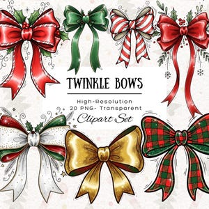May include: A collection of festive bows in various colors and patterns, including red, green, gold, and plaid. The bows are adorned with holly and ribbons. Text reads "TWINKLE BOWS" and "Clipart Set".