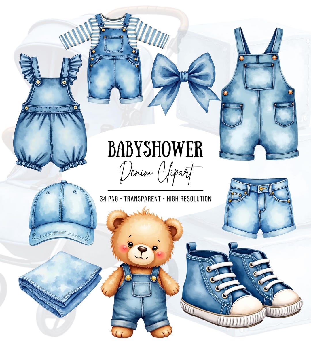 Baby Shower Denim Clipart – Blue PNG Overalls, Shoes, Teddy Bear, High ...