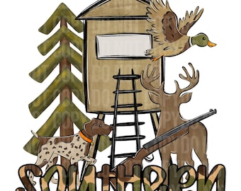 Caça do Sul PNG para Sublimação, Design de Camisa Country Boy com Suporte para Árvore de Cachorro e Pato de Veado, Clipart de Caça do Sul com Camuflagem Rústica