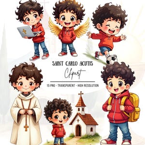 Könnte beinhalten: Eine digitale Illustration mit mehreren Bildern eines Cartoon-Jungen mit dunklem, lockigem Haar, der einen roten Kapuzenpullover und blaue Jeans trägt. Einige Bilder zeigen einen Heiligenschein, Flügel, einen Laptop, einen Fußball und einen Rucksack. Der Text "Saint Carlo Acutis Clipart" ist ebenfalls vorhanden.