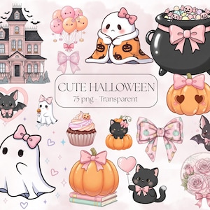 Coquette Halloween Clipart Bundle: Pastel Ghosts, Bats, Pumpkins (PNG Digital Download)