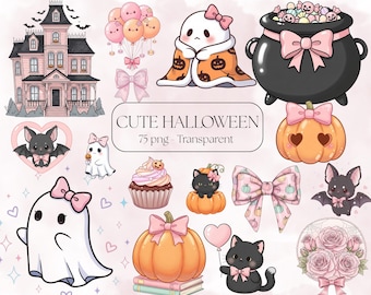コケット ハロウィン クリップアート バンドル: パステルカラーのゴースト、コウモリ、カボチャ (PNG デジタル ダウンロード)