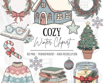 May include: A collection of winter-themed clipart illustrations. Includes a cozy house, wreaths, a Christmas tree, a sweater, a stack of books, a candle, and other festive elements. The text "COZY Winter Clipart" is also present.