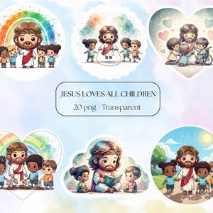 以下が含まれることがあります： イエスと子供たちのイラストが描かれた、カラフルなステッカーのコレクションです。「JESUS LOVES ALL CHILDREN」というテキストが含まれています。ステッカーは円やハートなど様々な形で、水彩画風の透明背景です。