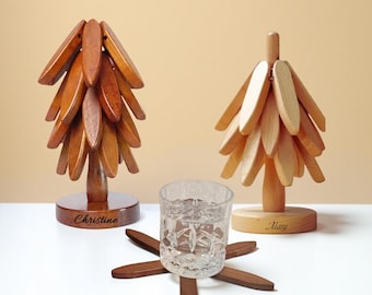 Personalized Walnut Wood Tree Trivet Set with Stand