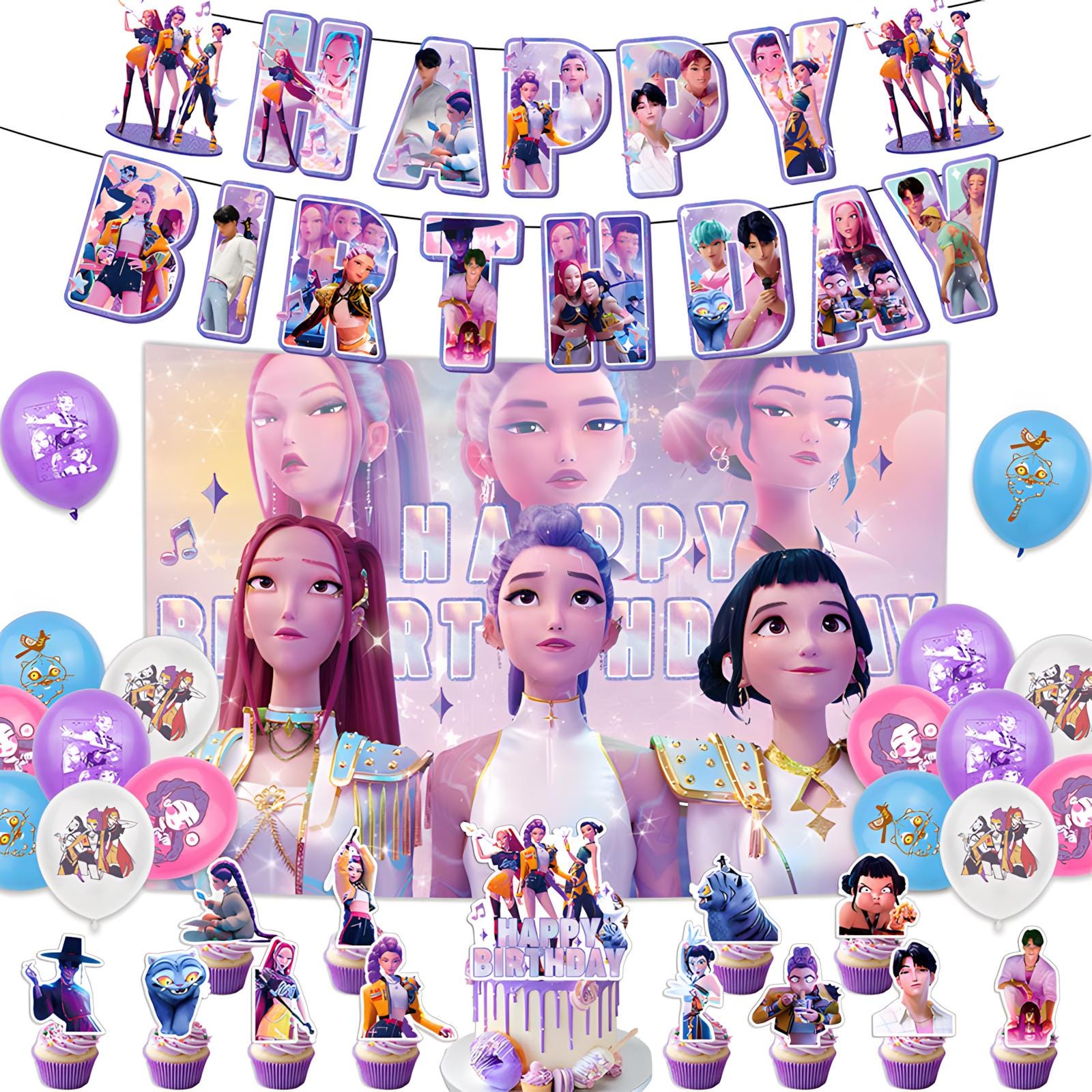 Décoration Anniversaire Kpop Demon Hunters 32 Pièces | Bannière, Ballons, Toppers Cupcakes | Thème Enfant