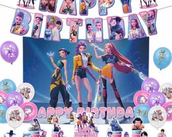 Kpop Demon Hunters Birthday Party Decorations – Banner,Balloons, Cake & Cupcake Toppers Set,Anime Kpop Party Supplies for Fans