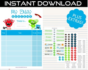 Printable Daily Routine Chart Digital Download - Monsters vs Aliens by Ernie & Bird