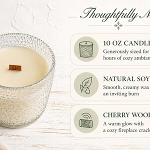 May include: A 10 oz candle in a textured clear glass vessel with white wax and a flat wooden wick. Text reads: Thoughtfully Made, 10 OZ CANDLE, NATURAL SOY WAX, CHERRY WOOD WICK. Icons depict a candle, a leaf with a drop, and a wood log with sound waves.