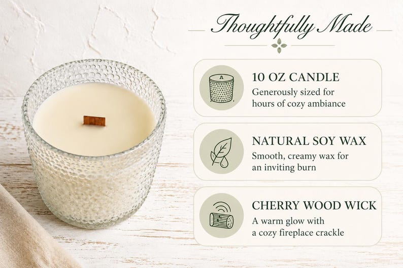 May include: A 10 oz candle in a textured clear glass vessel with white wax and a flat wooden wick. Text reads: Thoughtfully Made, 10 OZ CANDLE, NATURAL SOY WAX, CHERRY WOOD WICK. Icons depict a candle, a leaf with a drop, and a wood log with sound waves.