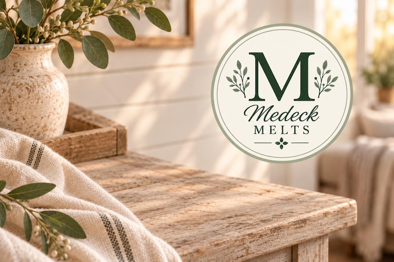 May include: A circular logo featuring a large dark green letter M, flanked by small leaf sprigs, with the text Medeck MELTS below it. The logo is set against a light cream background with a thin green border, presented in a bright, sunlit room.