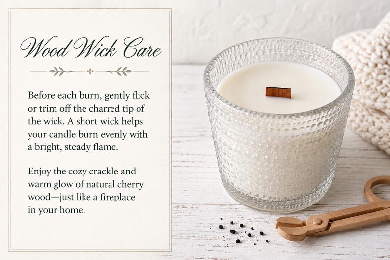 May include: A white candle in a textured clear glass jar with a wooden wick, accompanied by a wooden wick trimmer. The text reads: Wood Wick Care. Before each burn, gently flick or trim off the charred tip of the wick. A short wick helps your candle burn evenly with a bright, steady flame. Enjoy the cozy crackle and warm glow of natural cherry wood&mdash;just like a fireplace in your home.