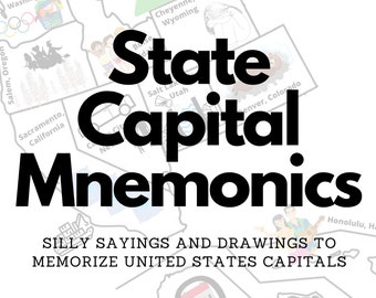 Puede incluir: Una ilustración en blanco y negro de un mapa de los Estados Unidos con dibujos y refranes divertidos para ayudar a memorizar las capitales de los estados. El texto "State Capital Mnemonics" está en letras grandes y negritas. El texto "Silly Sayings and Drawings to Memorize United States Capitals" está debajo del mapa.