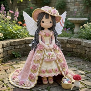 Könnte beinhalten: Handgefertigte Häkelpuppe einer Fee, die ein rosa Kleid mit Rosenakzenten, einen passenden Hut und weiße Flügel trägt. Die Puppe hält eine Handtasche und steht auf einer Ziegeloberfläche. Ein kleiner Korb mit Garn und ein Pilz befinden sich in der Nähe.