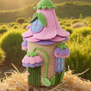 May include: A whimsical, handmade crochet fairy house. The house features a pink flower-shaped roof, purple and green accents, and a green door. The house is set on a bed of hay, with a blurred background of green foliage.