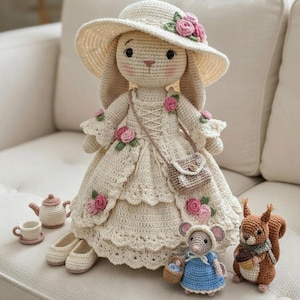 Könnte beinhalten: Gehäkelte Hasenpuppe in cremefarbenem Kleid und Hut, verziert mit rosa Rosen. Sie hat eine kleine Handtasche und wird von einer gehäkelten Maus, einem Eichhörnchen und einem Teeservice begleitet. Der Hase ist etwa 30 cm groß.