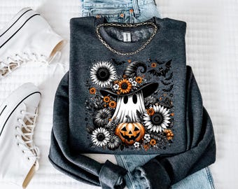 Floral Ghost Sweatshirt, Cute Witch Ghost with Flowers Sweatshirt, Gothic Women Sweatshirt,Cute Pumpkin Sweatshirt,Spooky Season Shirt,Bats