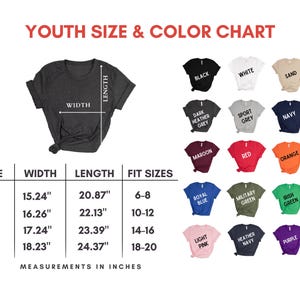 May include: A youth size and color chart displays a dark gray t-shirt with width and length measurements in inches. The chart includes sizes S to XL, with corresponding measurements and fit sizes. Various t-shirt colors are shown.