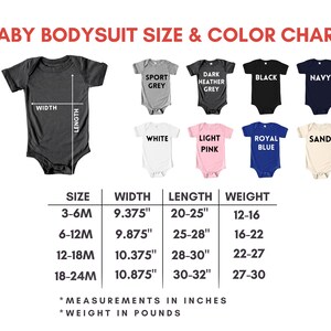 May include: A baby bodysuit size and color chart. The chart displays various bodysuit colors, including sport grey, dark heather grey, black, navy, white, light pink, royal blue, and sand. Measurements are in inches and weight in pounds.