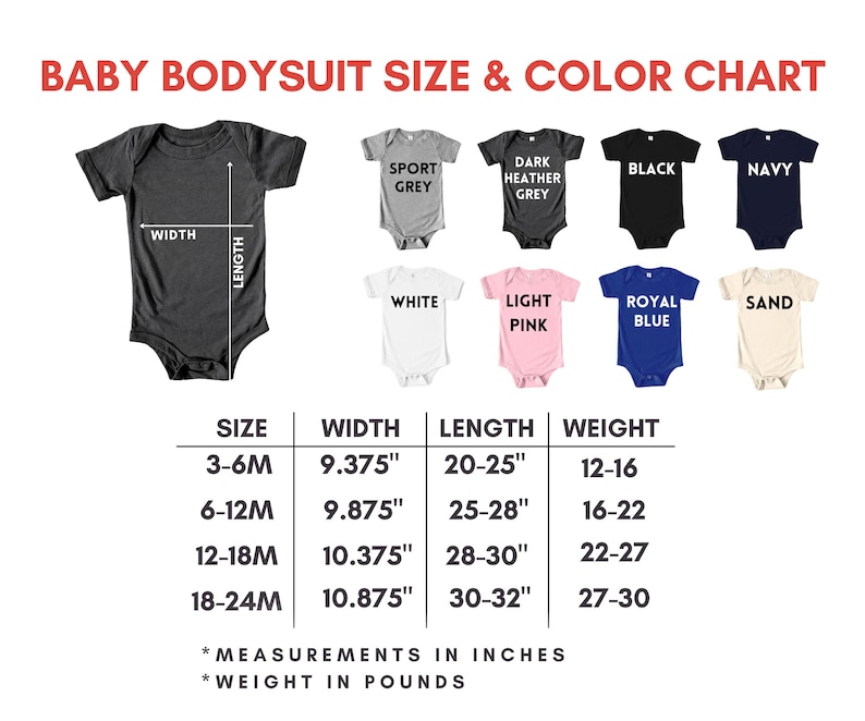 May include: A baby bodysuit size and color chart. The chart displays various bodysuit colors, including sport grey, dark heather grey, black, navy, white, light pink, royal blue, and sand. Measurements are in inches and weight in pounds.